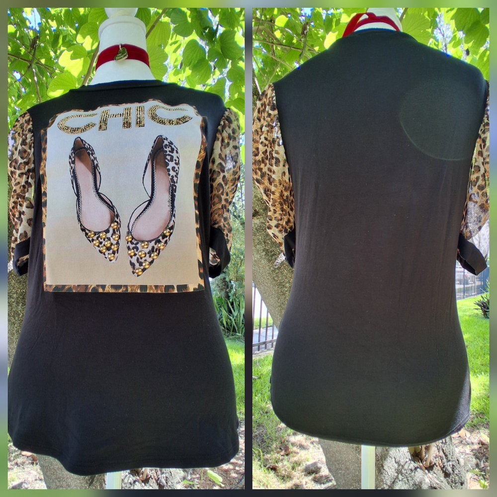 🔥FASHIONISTA BLING Black Leopard Print Short Sleeve Top Medium & FREE GIFT